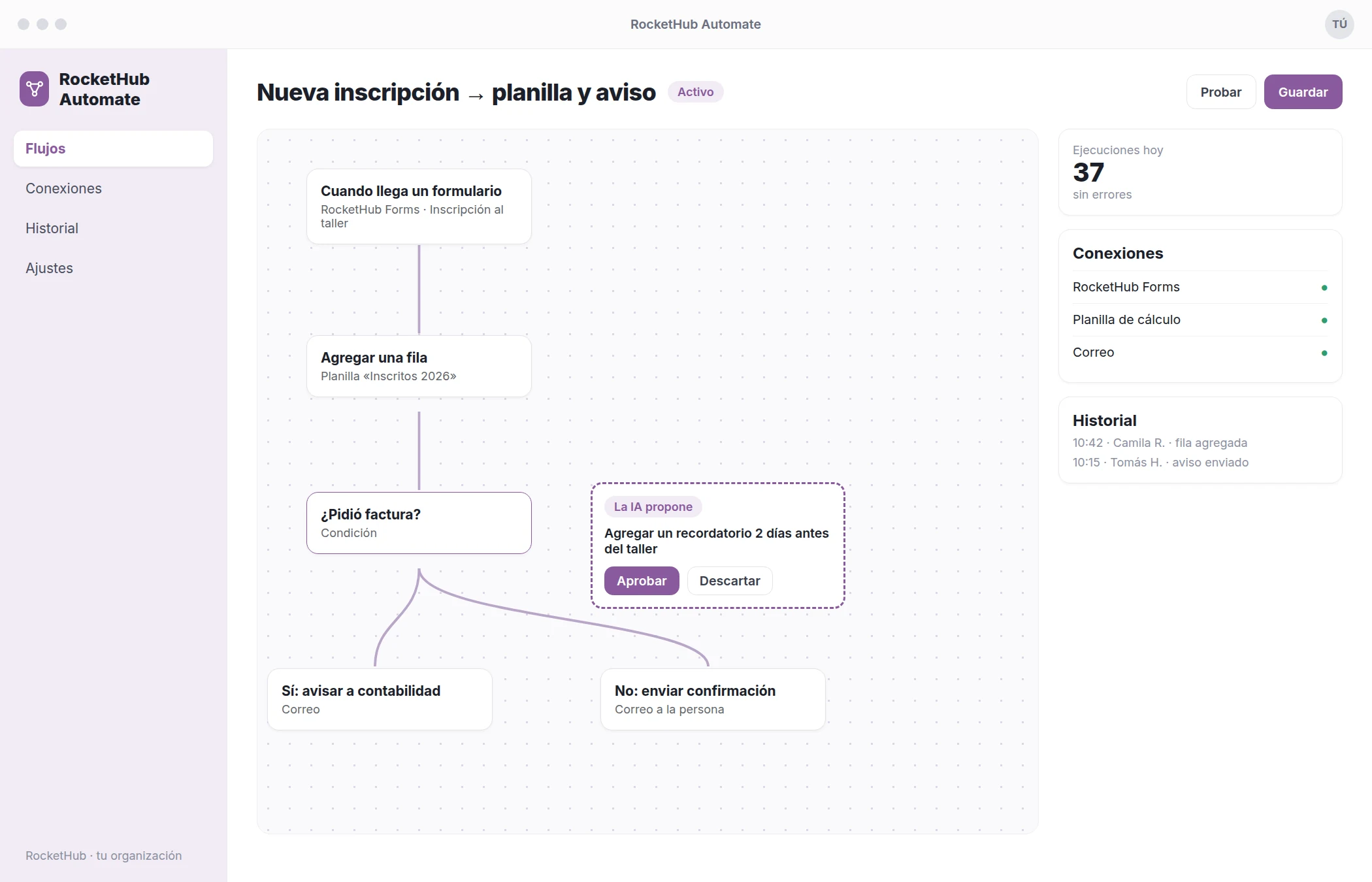 La interfaz de RocketHub Automate