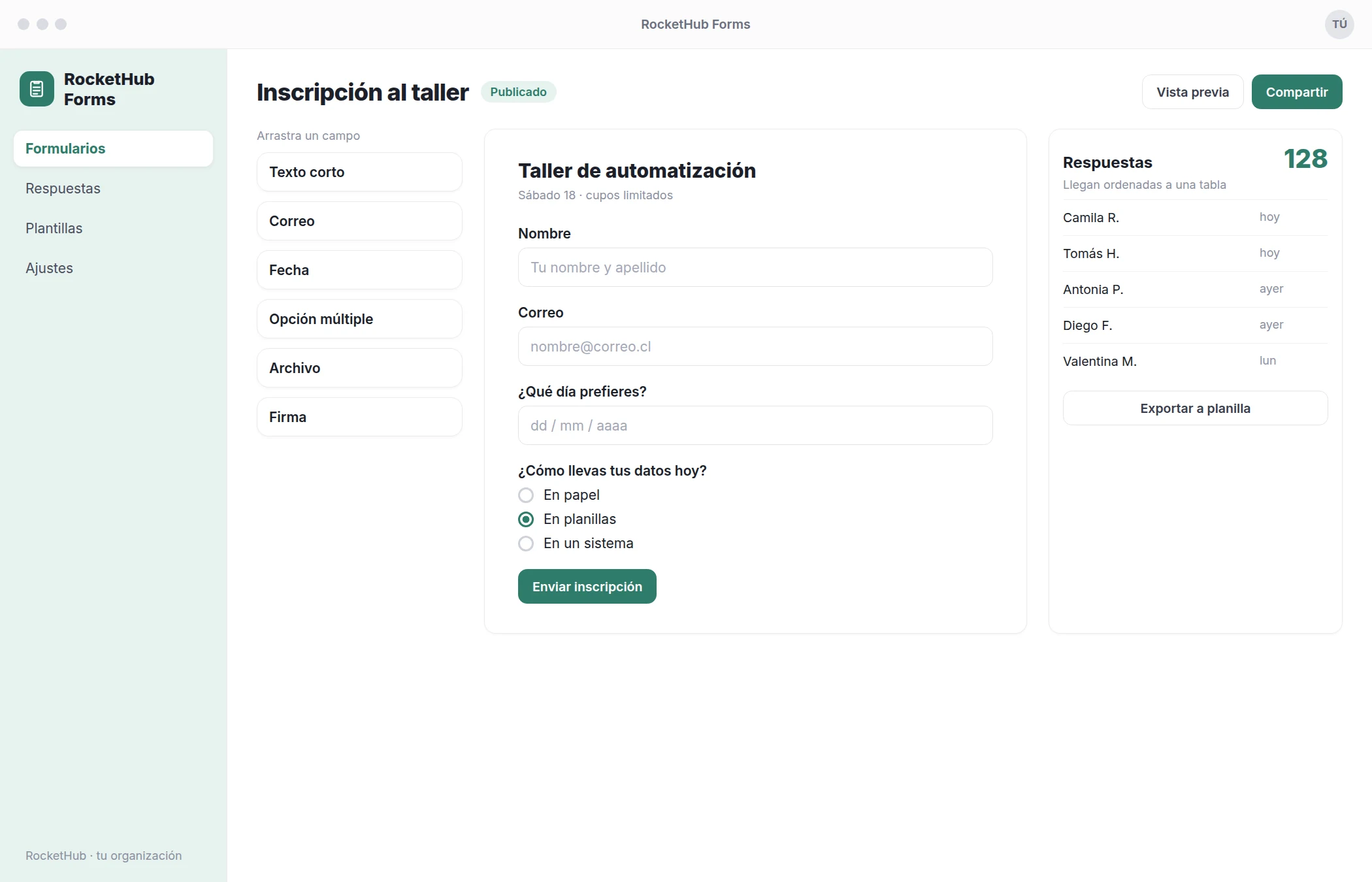 La interfaz de RocketHub Forms